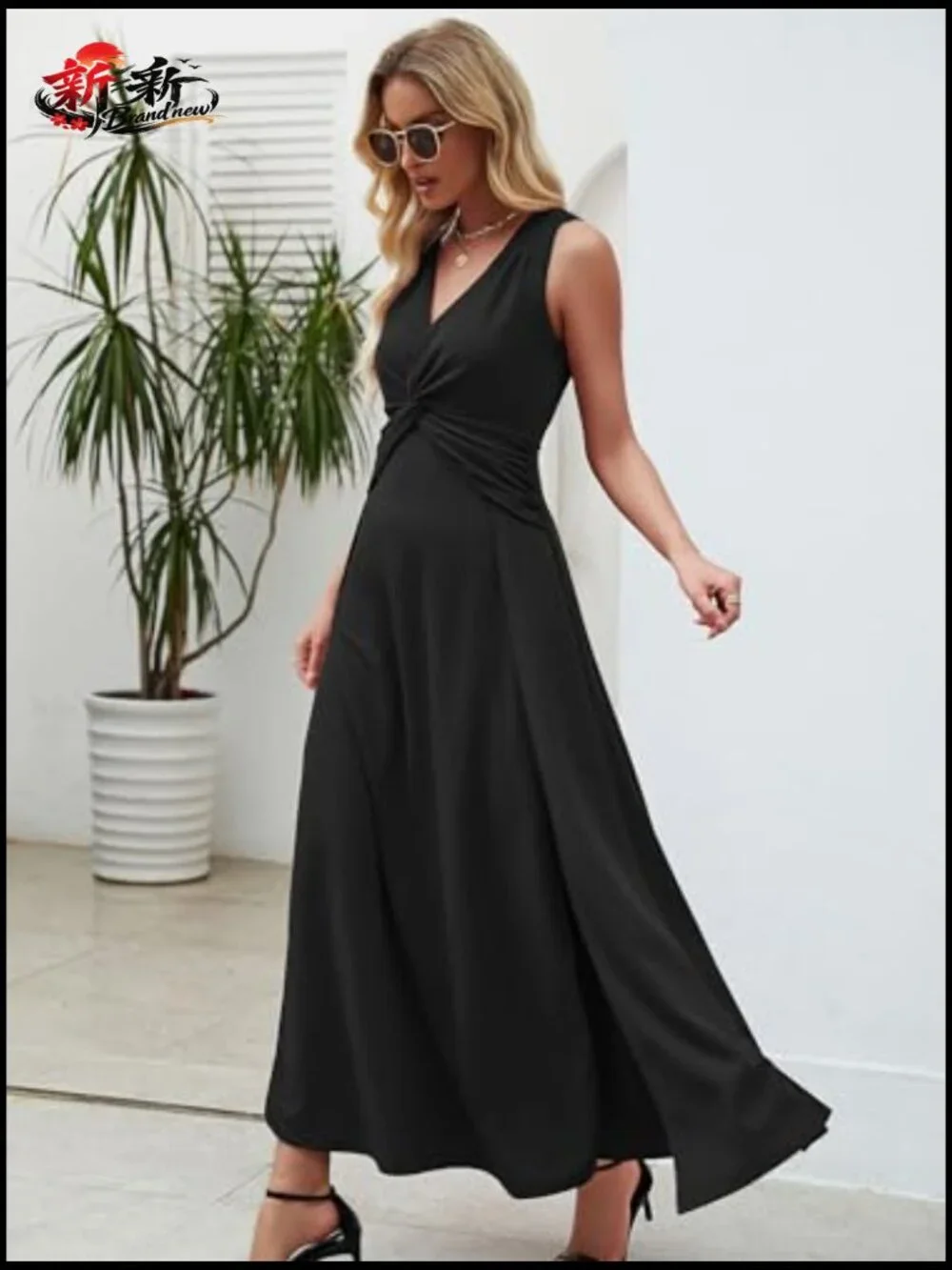 V-Neck Sleeveless Formal A-Line Midi Dress with Ruffle - Picture 4 of 7